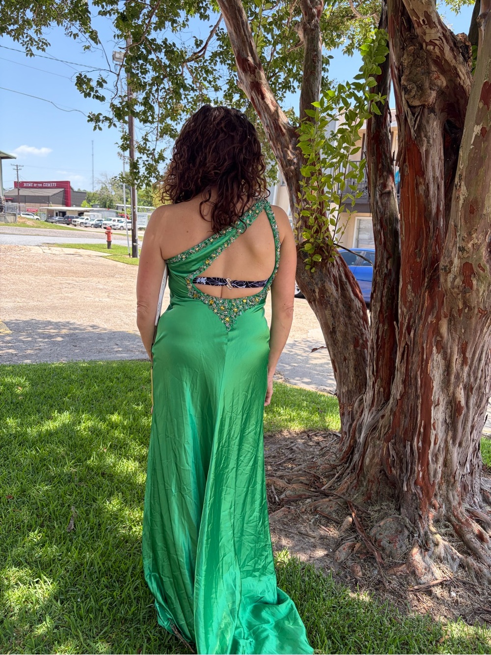 Impressions Emerald Green One-Shoulder Beaded Prom Gown